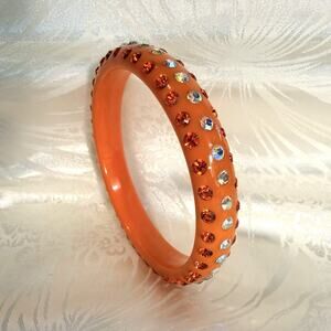 VTG Retro Orange Plastic Resin Bangle Bracelet AB Crystal Triple Row Accents